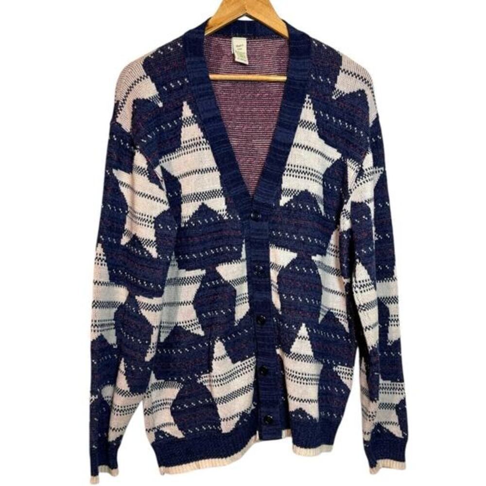 Green Patriotic Star Print Grandpa Cardigan Sweater USA Made Size 3- XL
